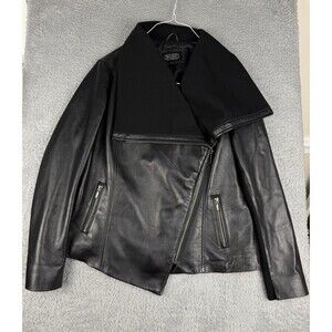 BGSD Womens XL Lamb Leather Asymmetrical Moto Jacket Black Draped Shawl Collar
